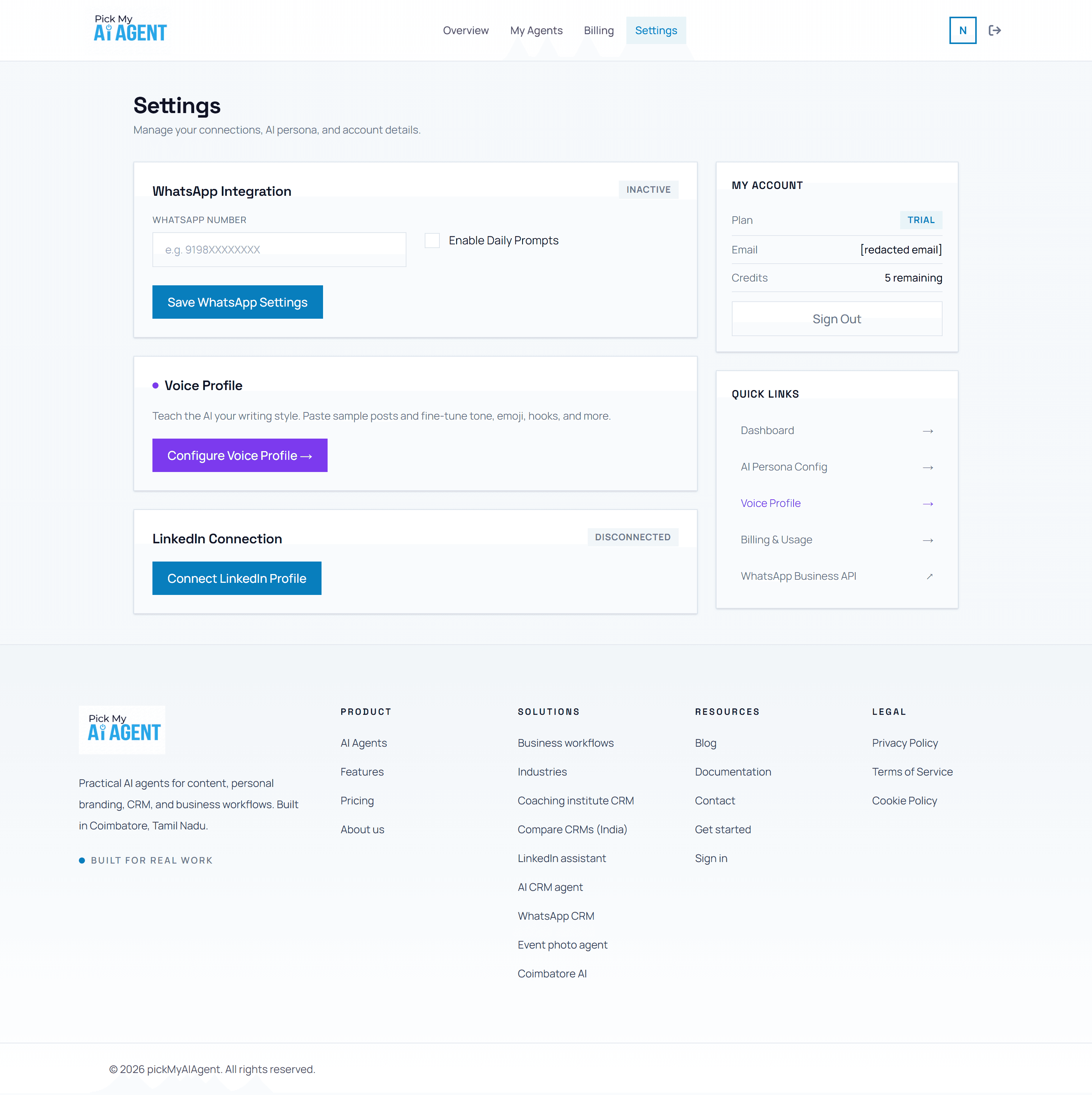 Dashboard profile settings