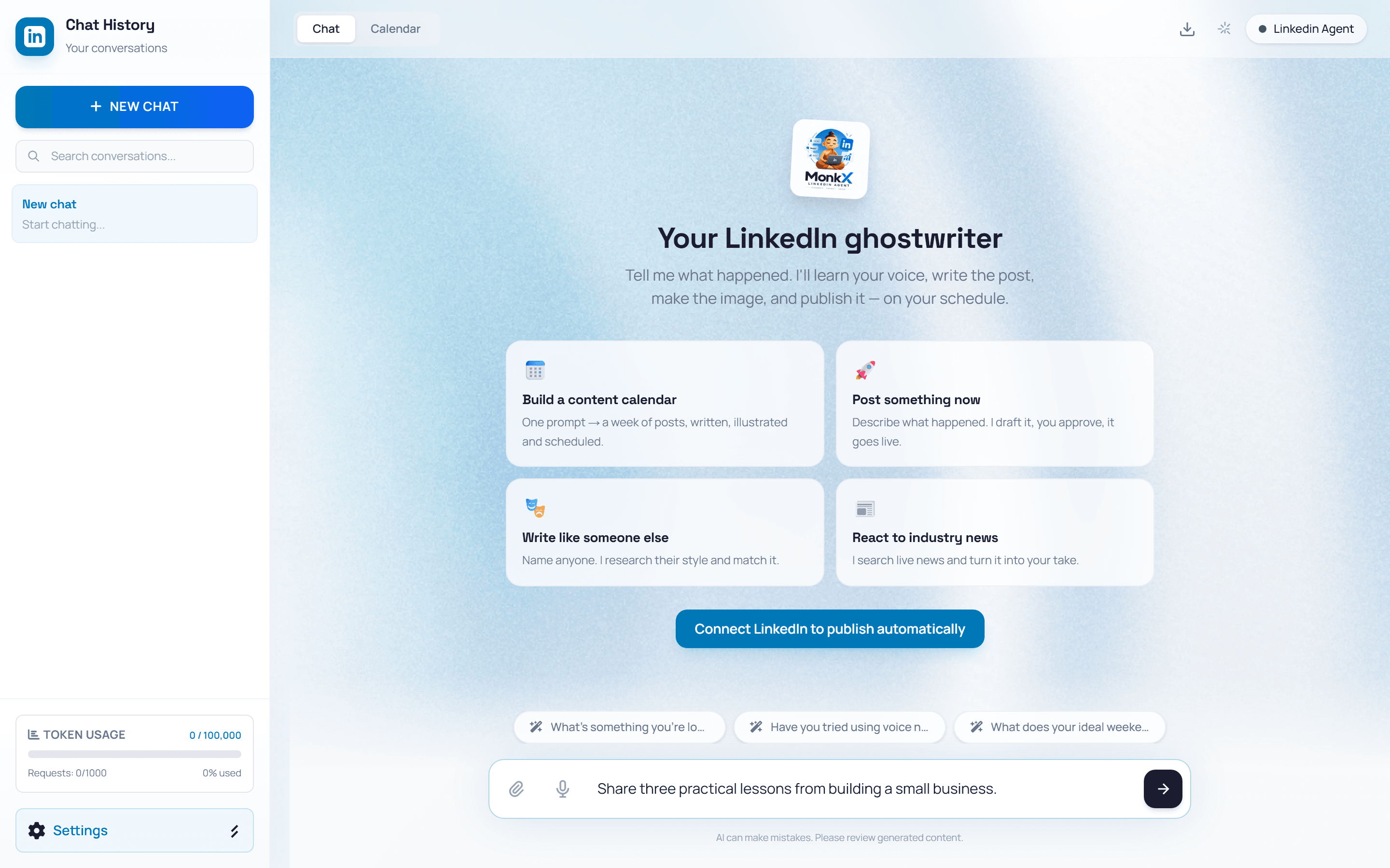 LinkedIn Studio chat with a sample post prompt