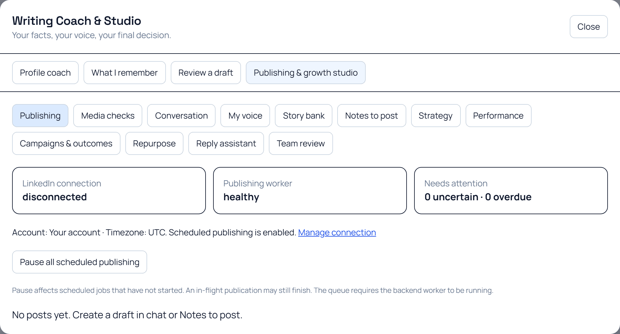 LinkedIn publishing and growth controls