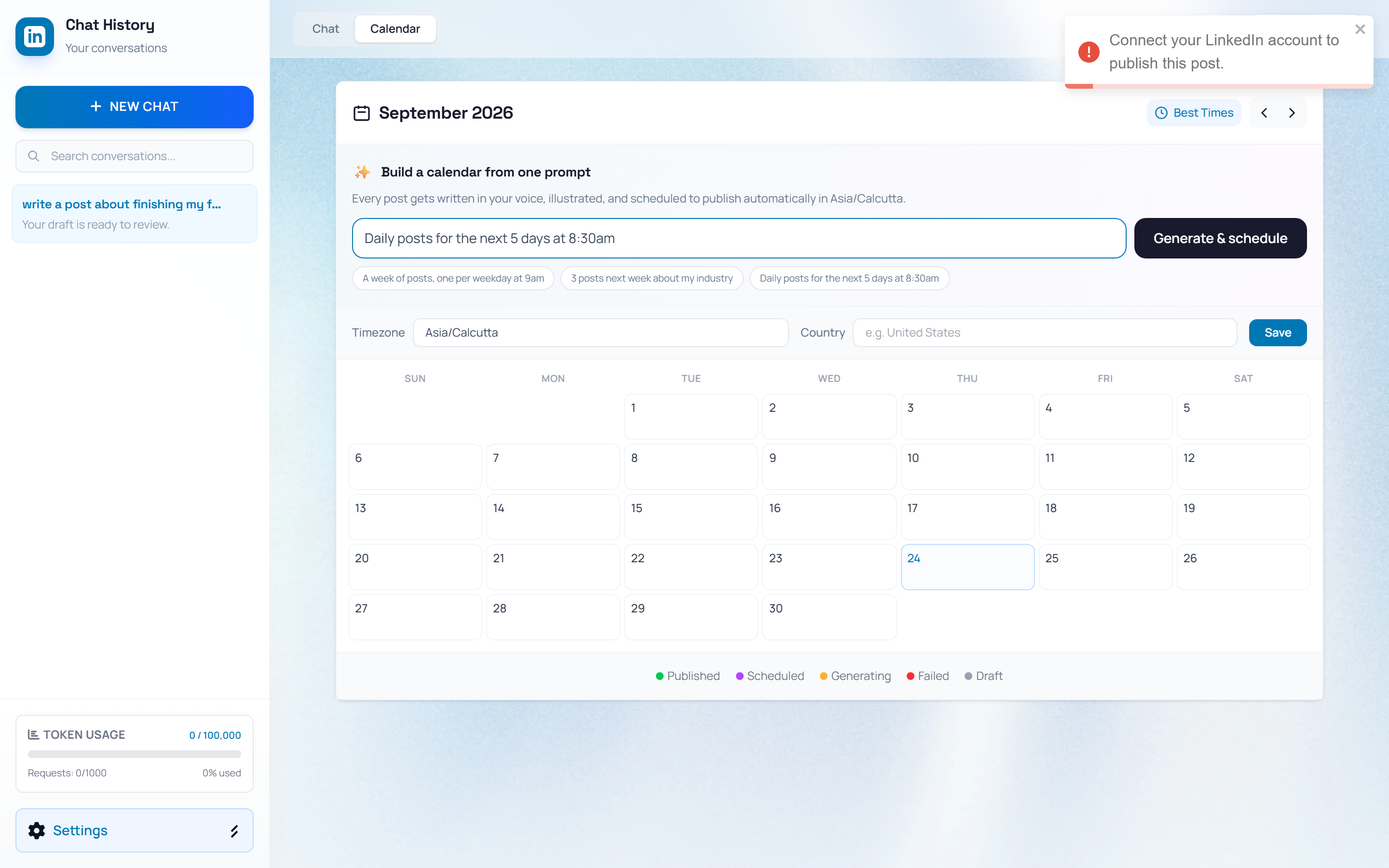 Calendar tab with the AI calendar composer