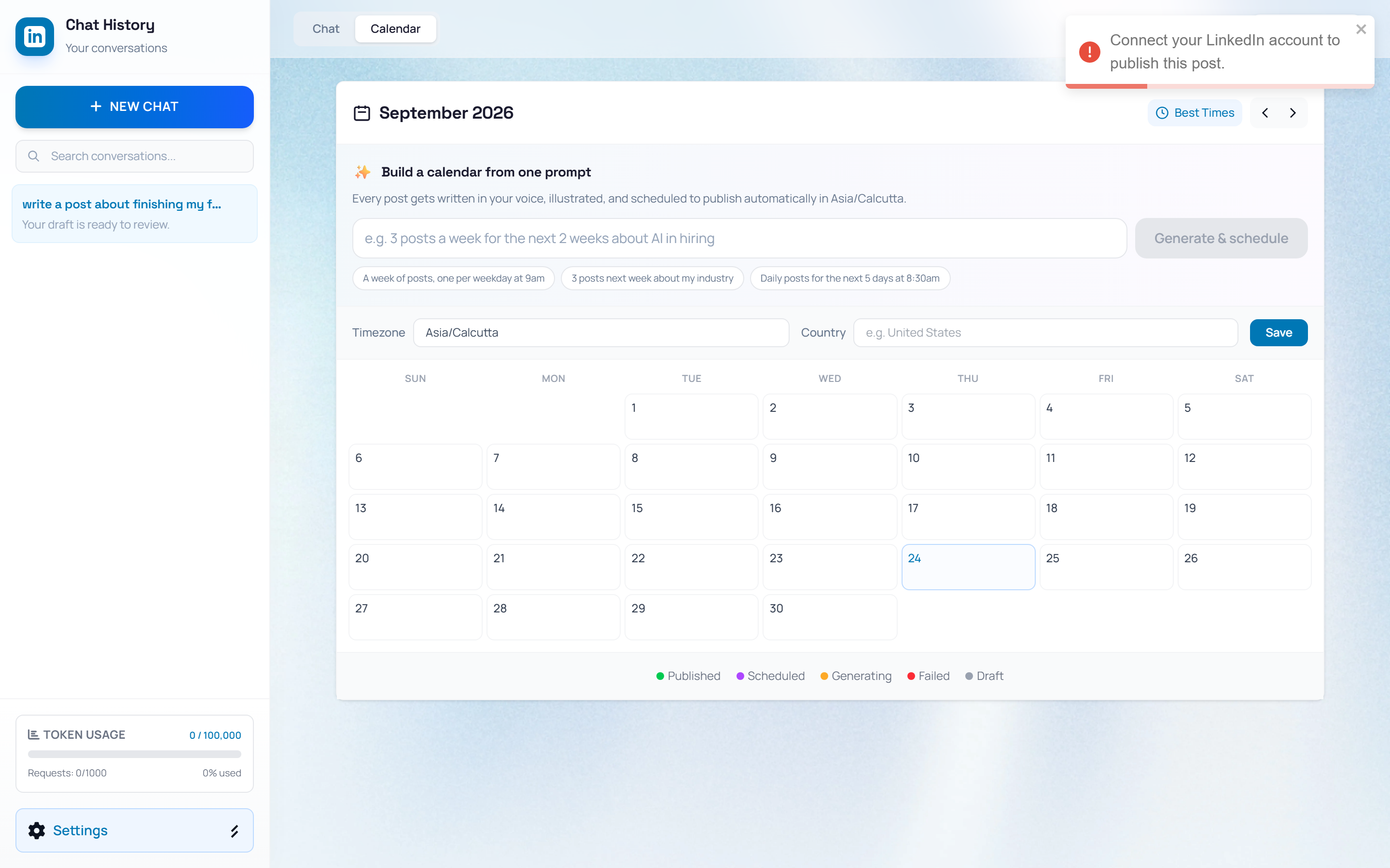 Monthly calendar with status legend