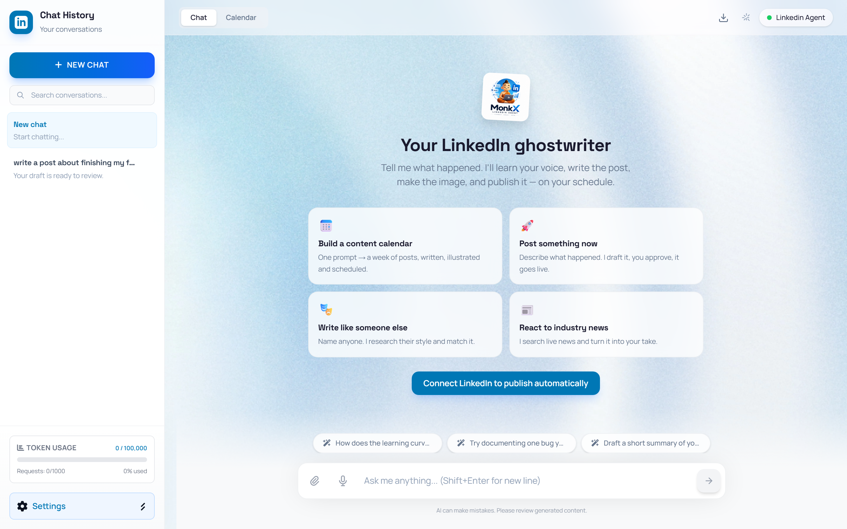MonkX chat workspace with sidebar, prompt cards, and input bar