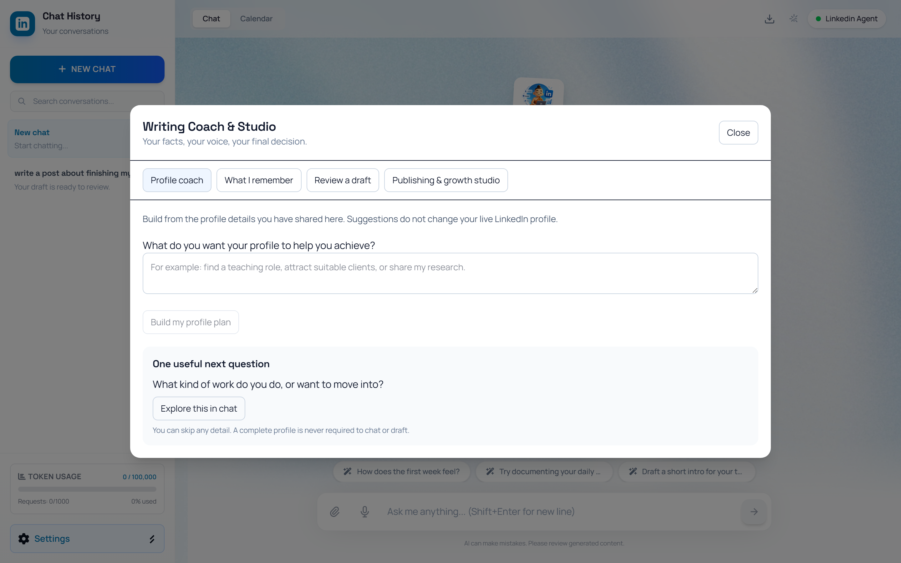 Profile coach tab with goal input and next question