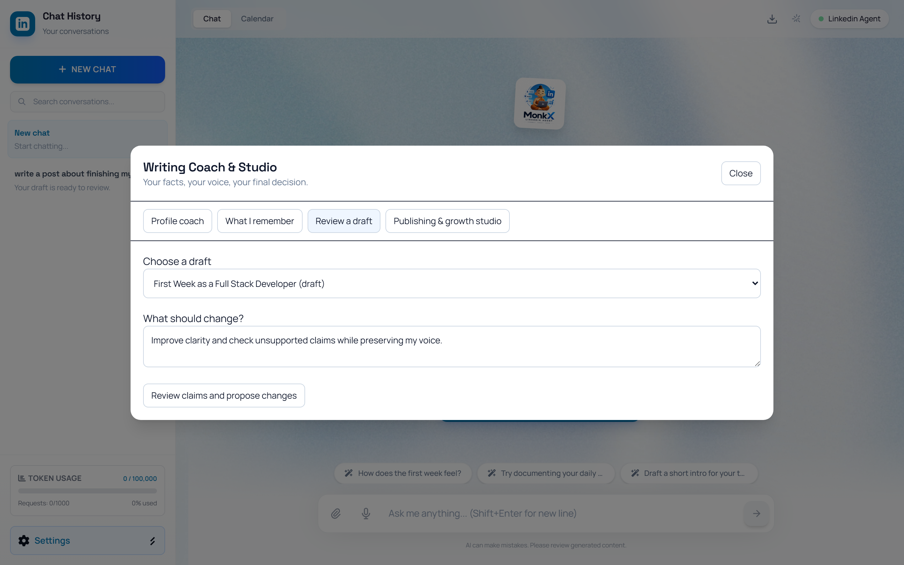 Review a draft tab with draft picker and feedback box