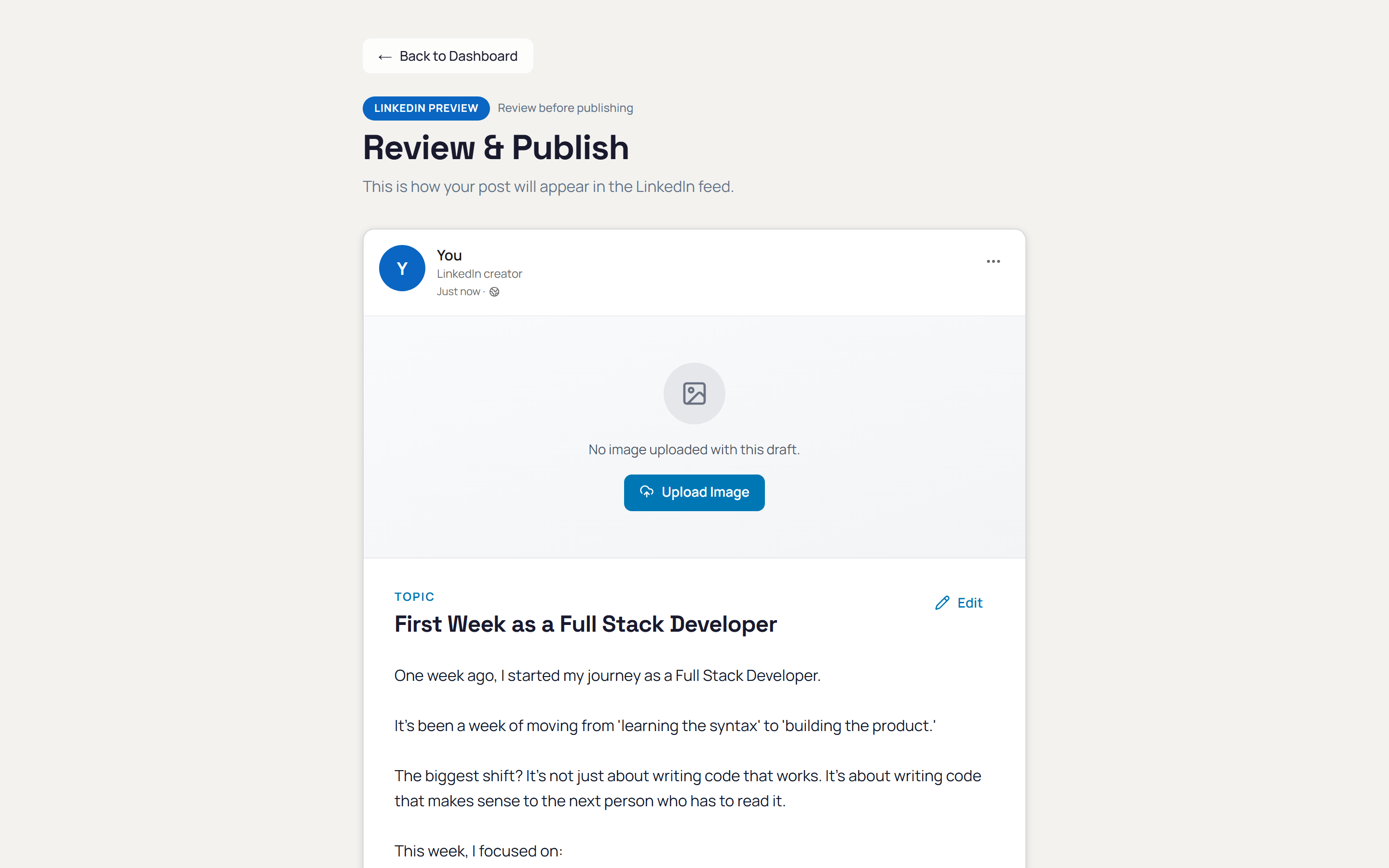 Review and Publish page showing LinkedIn post preview