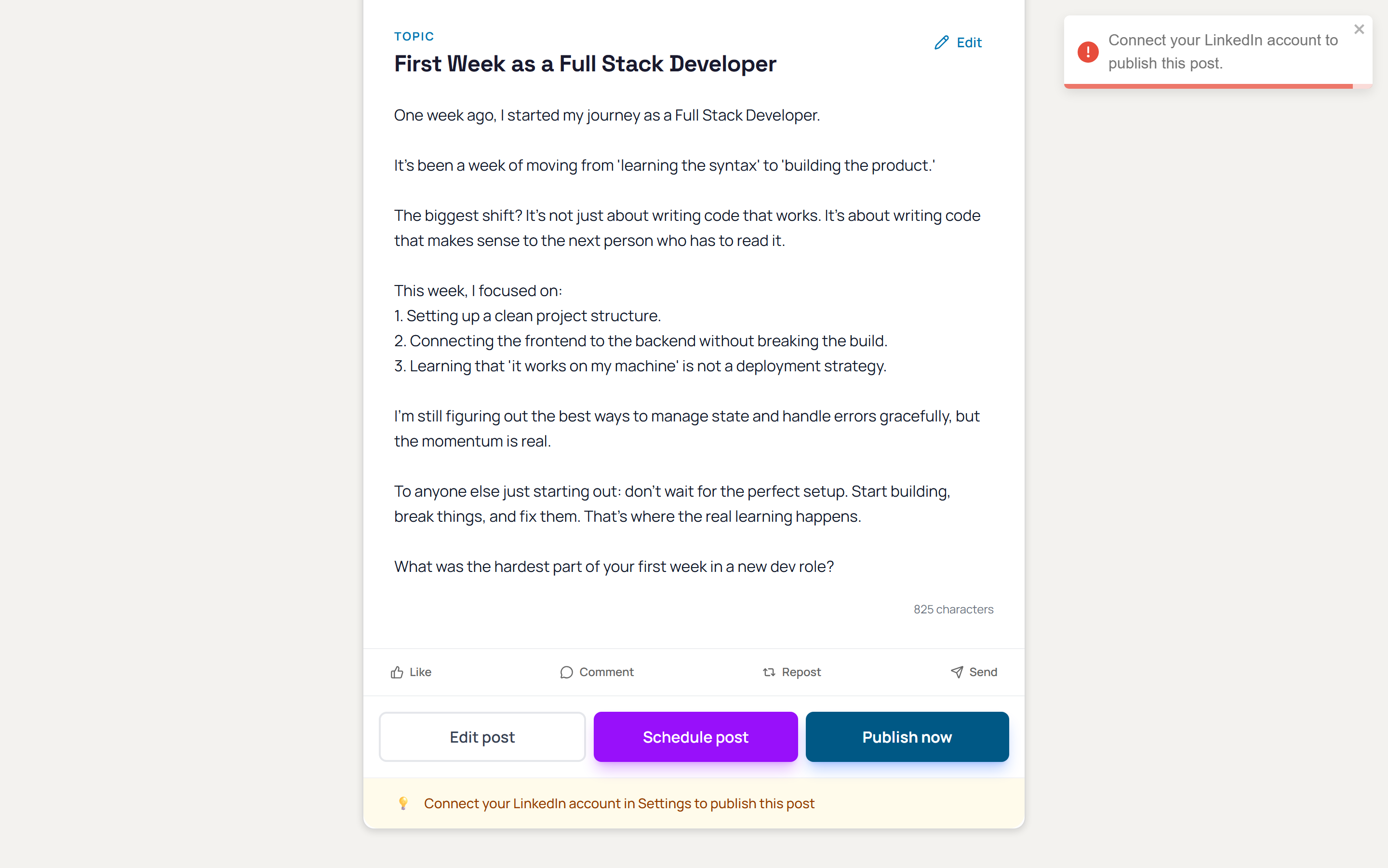 Publish now button with connect LinkedIn notice