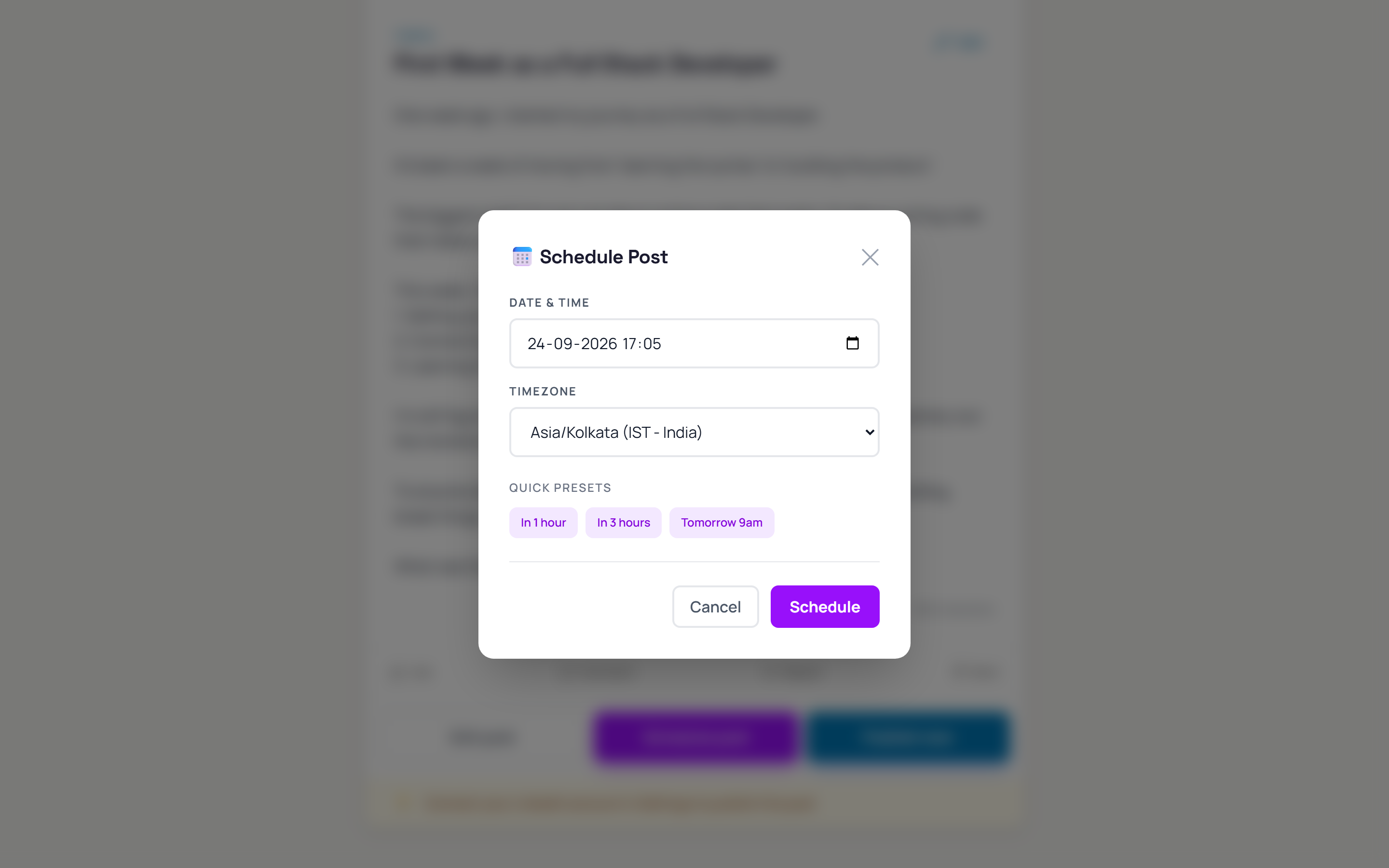 Schedule Post modal with date time and timezone