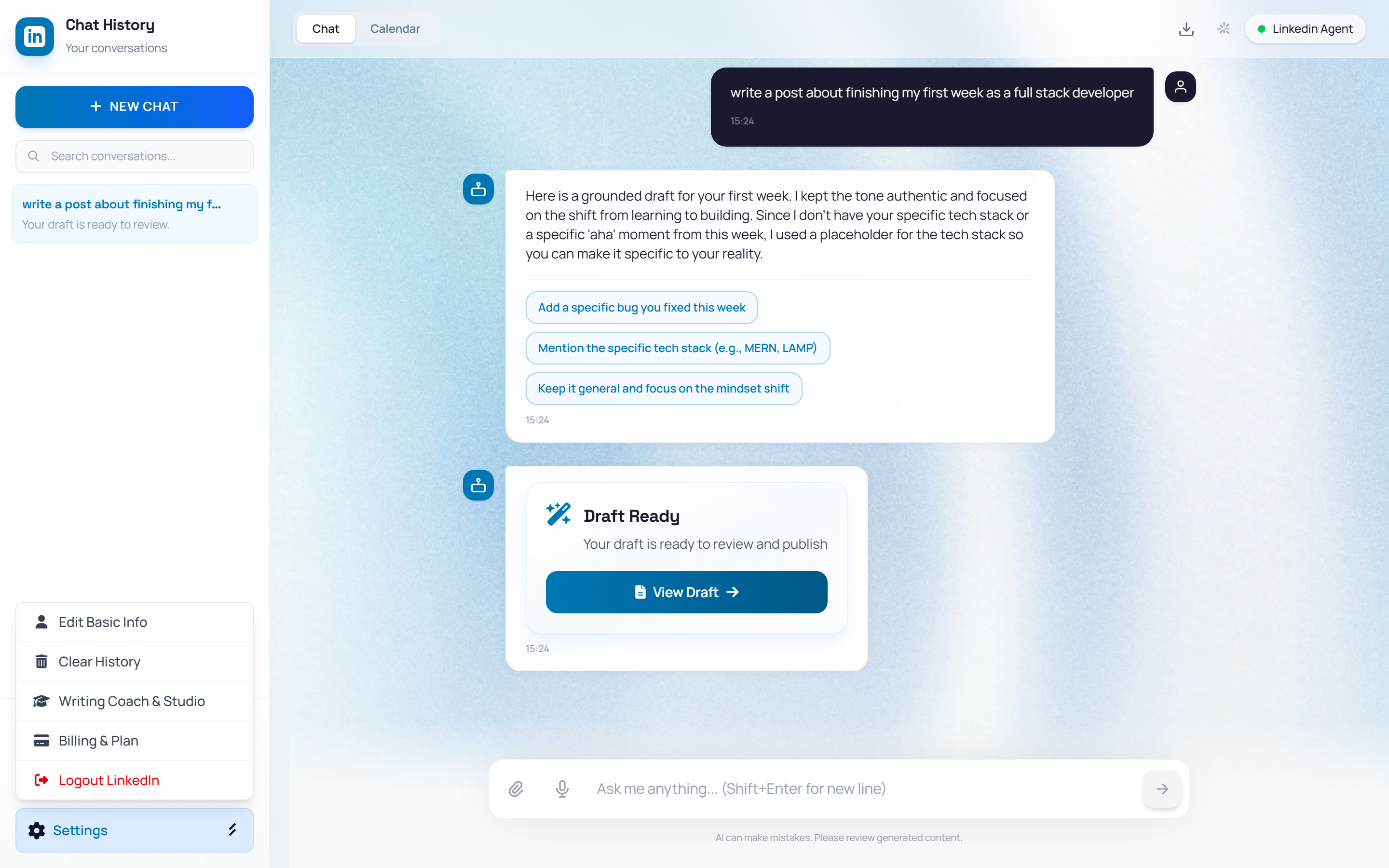 Settings menu with Writing Coach and Studio