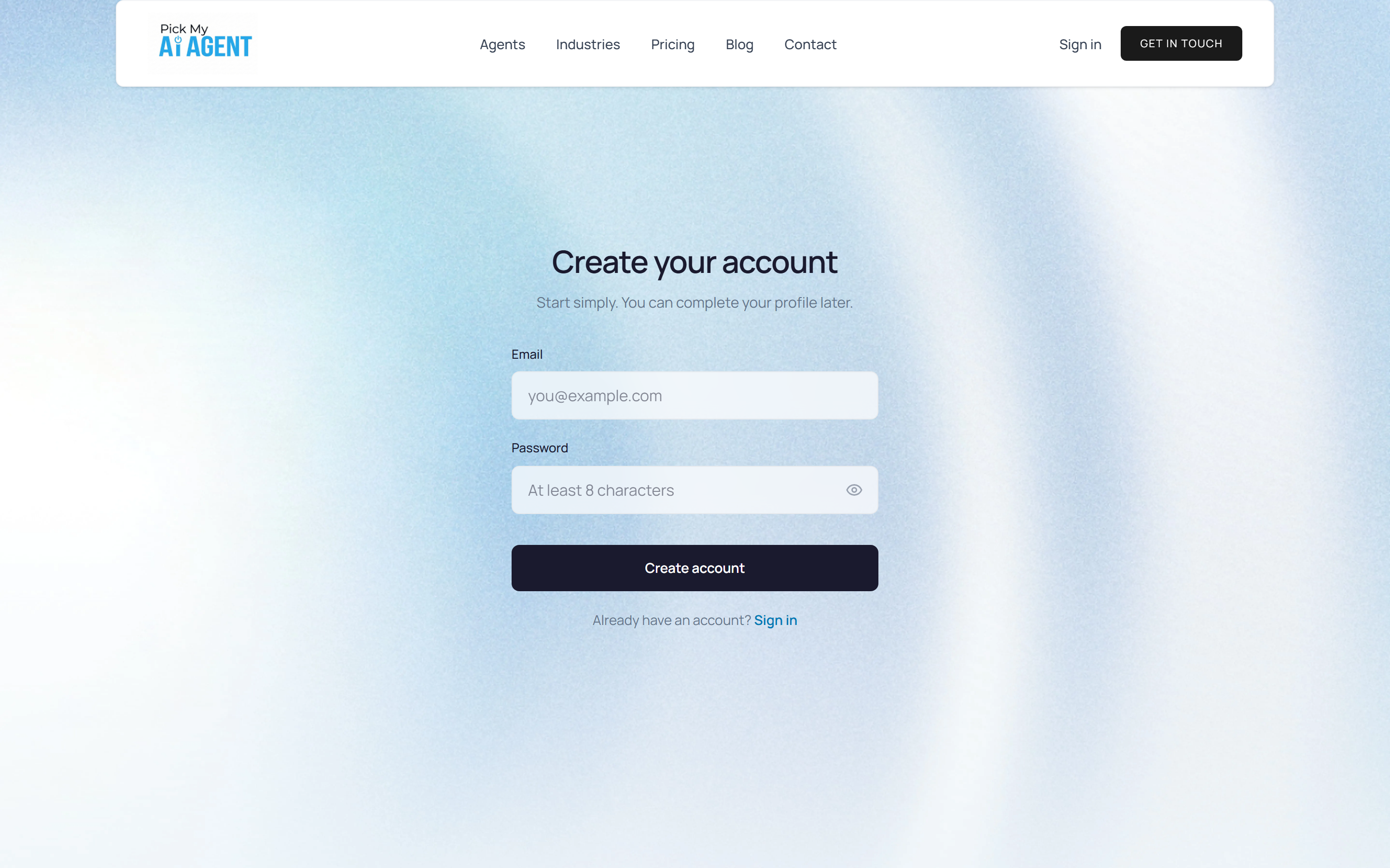 Create account page