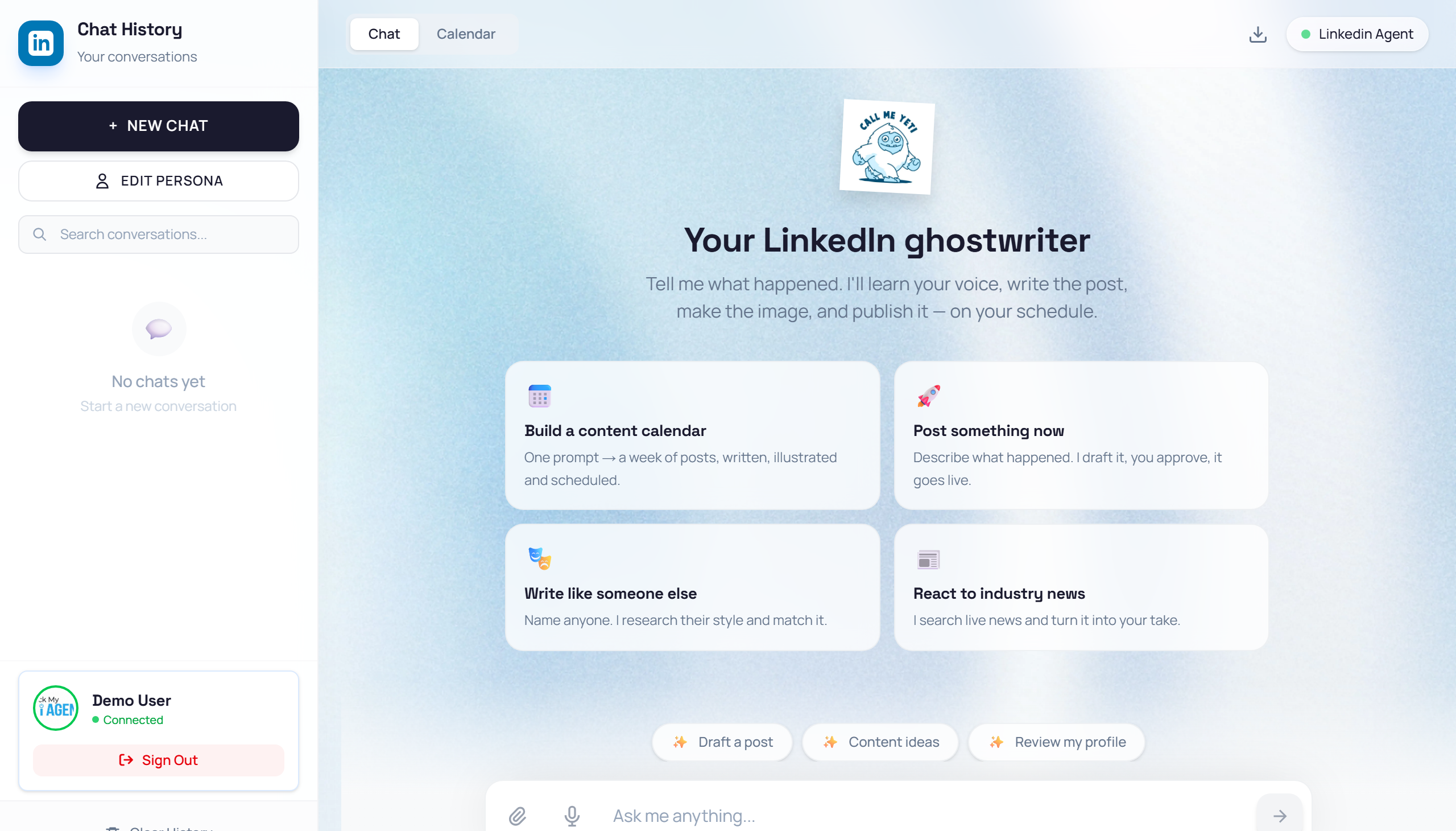 Yeti LinkedIn Agent chat interface